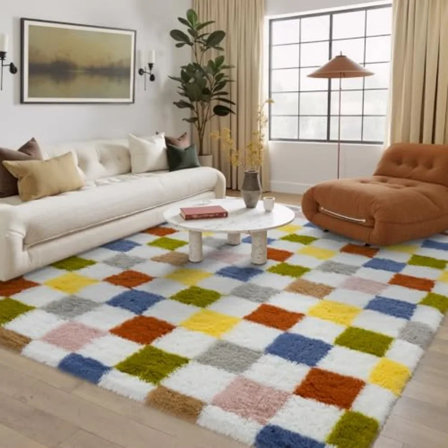 

Checkered Rug 5x7 for Living Room Colorful Modern Shag Rug Super Soft Washable Indoor Fuzzy Carpet Non-Slip Fluffy Rugs for Bed