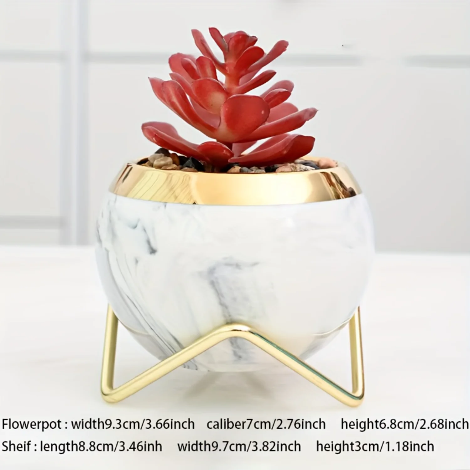 4pcs Nordic Golden Edge Marble Succulent Ceramic Pots with Shelf - Office Desk Garden Gift, Flower Planter with Drainage Hole & 