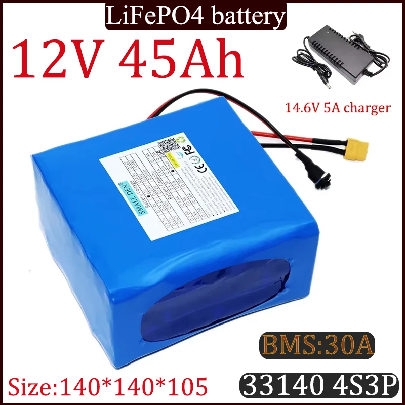 12V 45Ah 4S3P 33140 LiFePO4 Battery Pack 45000mAh built-in 30A BMS for 12V Equipment Solar Electric Toy Power Supply+Charger