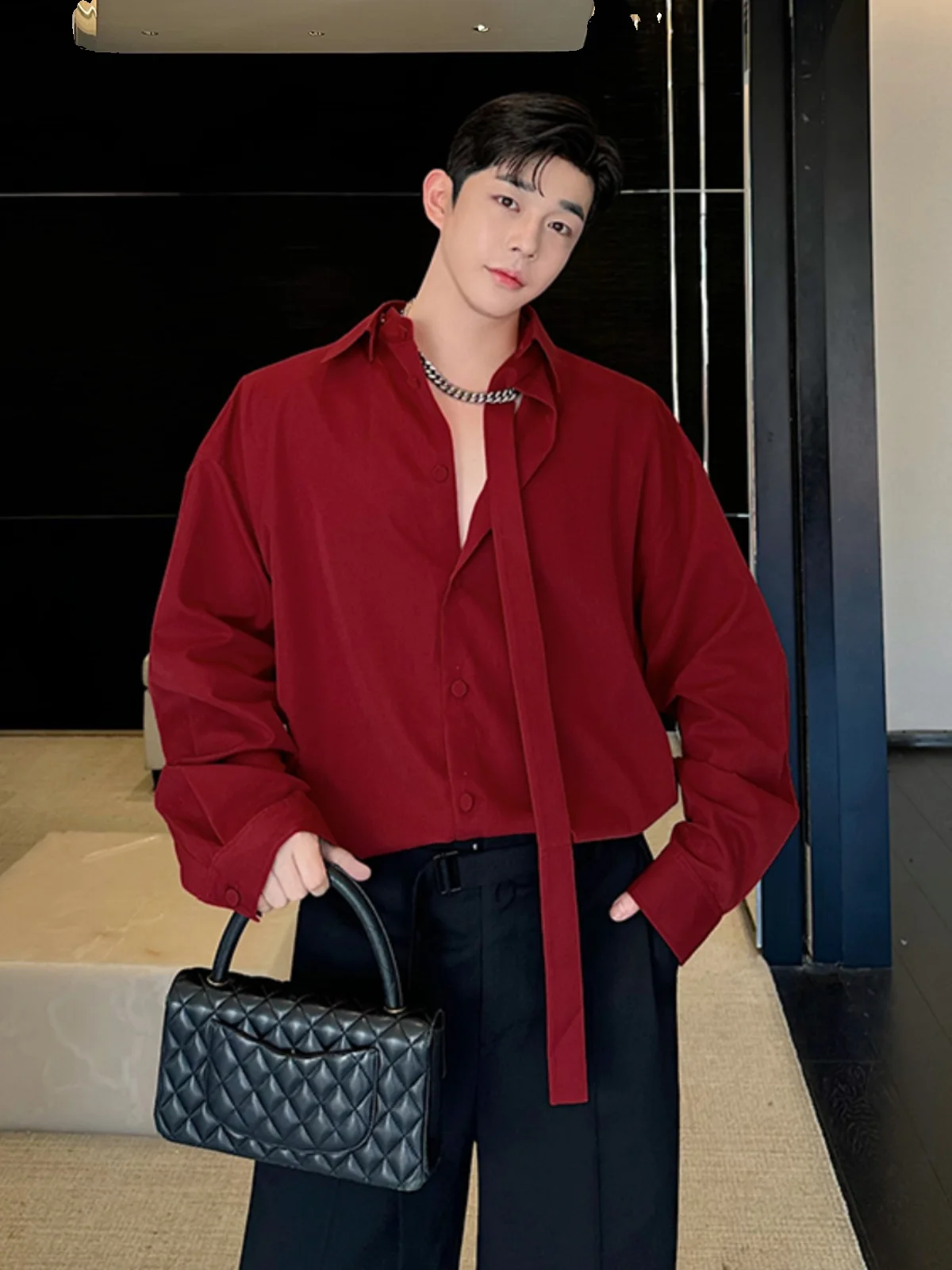 

Мужская рубашка-поло Red Long Sleeve, весна-осень-зима, повседневная, модная, свободного кроя, не требующая глажки, из тонкого материала, молодежная, стильная