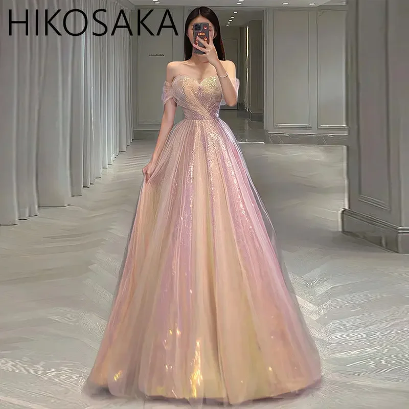 CustomizedSparkly Pink Evening Dresses Off Shoulder Beading Sweetheart A Line Tulle Strapless Ceremony High-end Party Prom Gowns