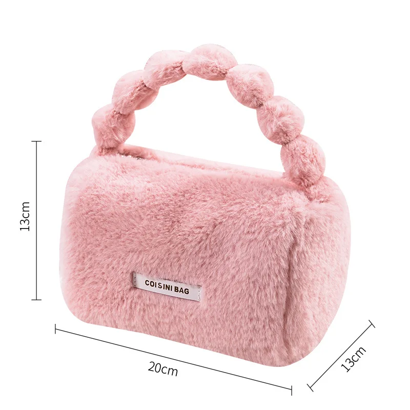 Warm Cosmetic Bag with Handle Big Capacity Winter Fur Makeup Bags for Women Soft Case for Travel Cute Washing Pouch with Zipper