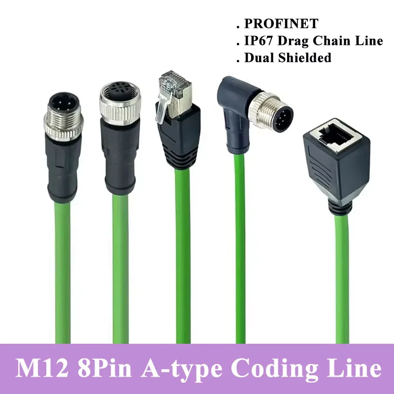 Industrial M12 8Pin A-type to RJ45 Ethernet Cable Connector IP67 Gigabit Male Female Profinet Dual Shielded Drag Chain Line