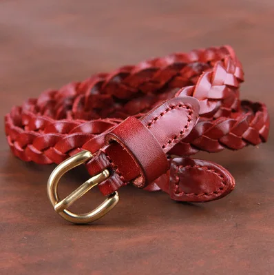 Cinturón trenzado de cuero versátil para mujer, hebilla de pin de estilo coreano, cinturón de cuero fino, cinturón de piel de vaca con capa para la cabeza