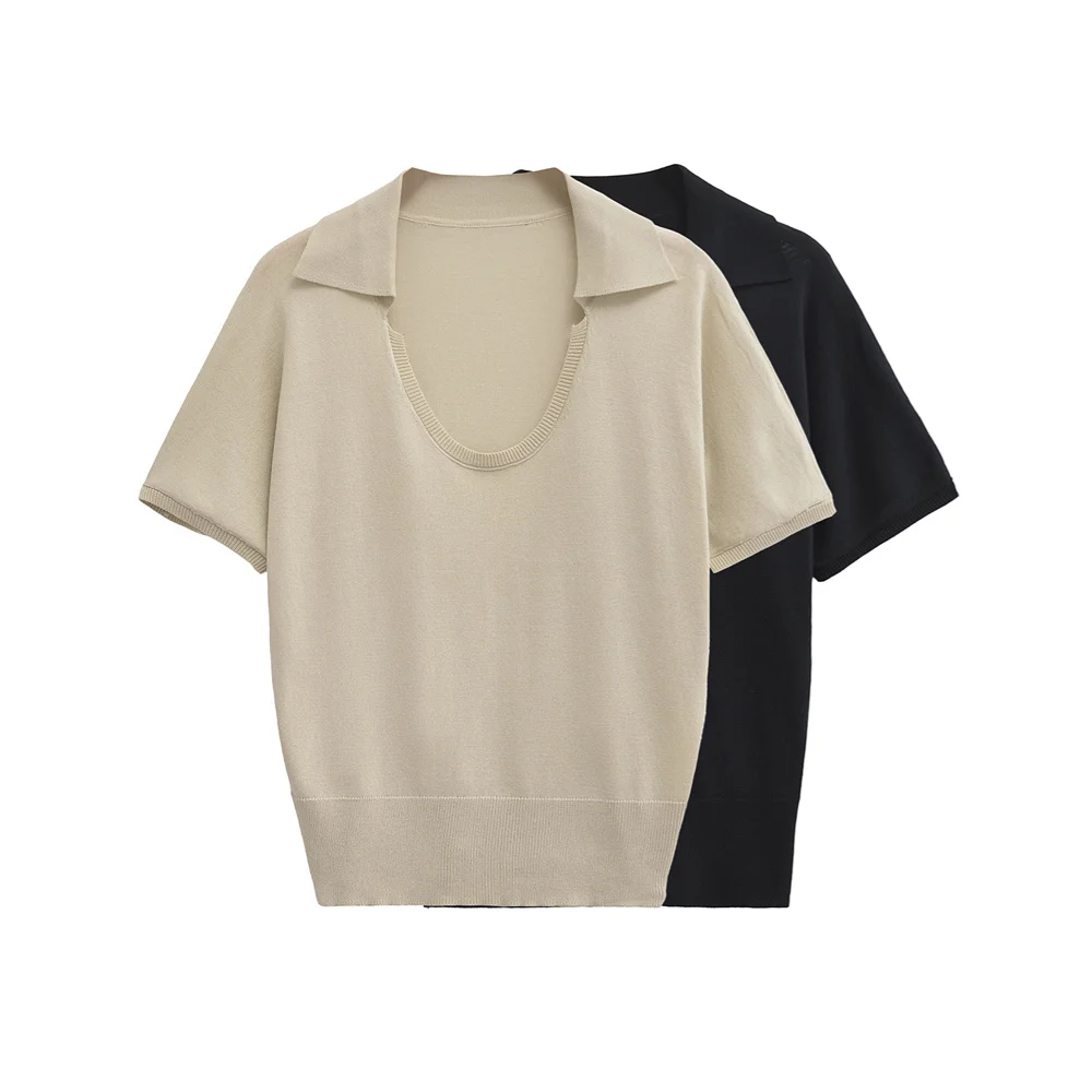 

Taop&Za Autumn New Product Women's Fashion Leisure Versatile Flip Collar Short Sleeve Hooded Knitted Polo Shirt