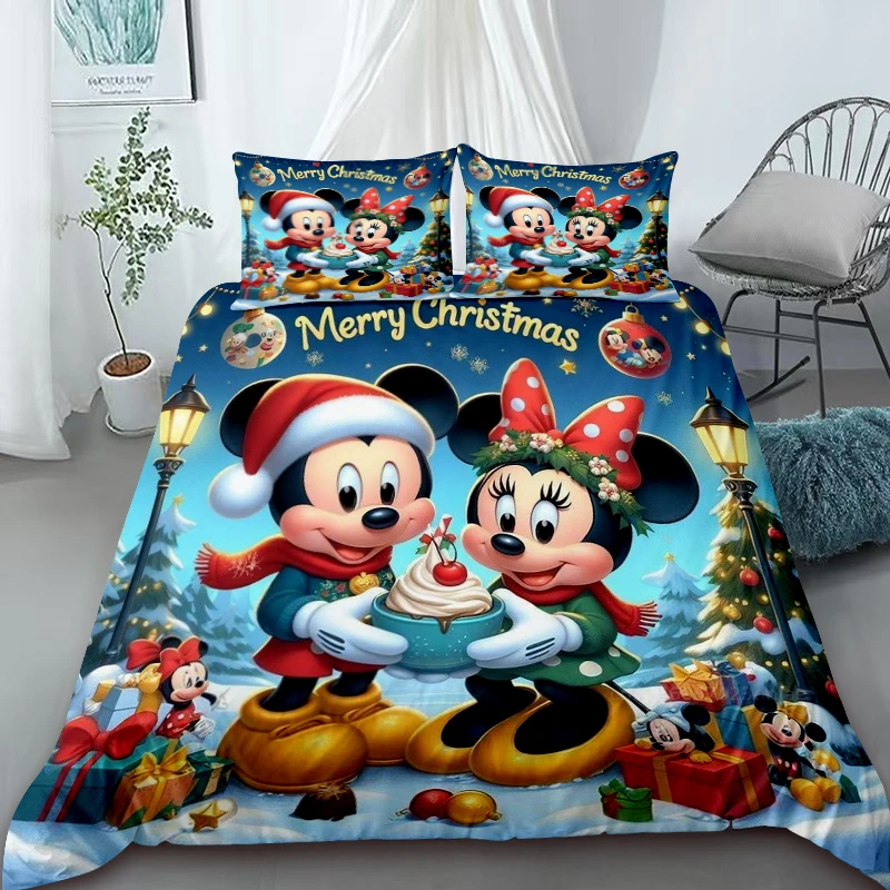 

Christmas Mickey Minnie Duvet Cover Cartoon Bedding Set Merry Christmas Holiday Gifts Women Teens for Bedroom Decoration