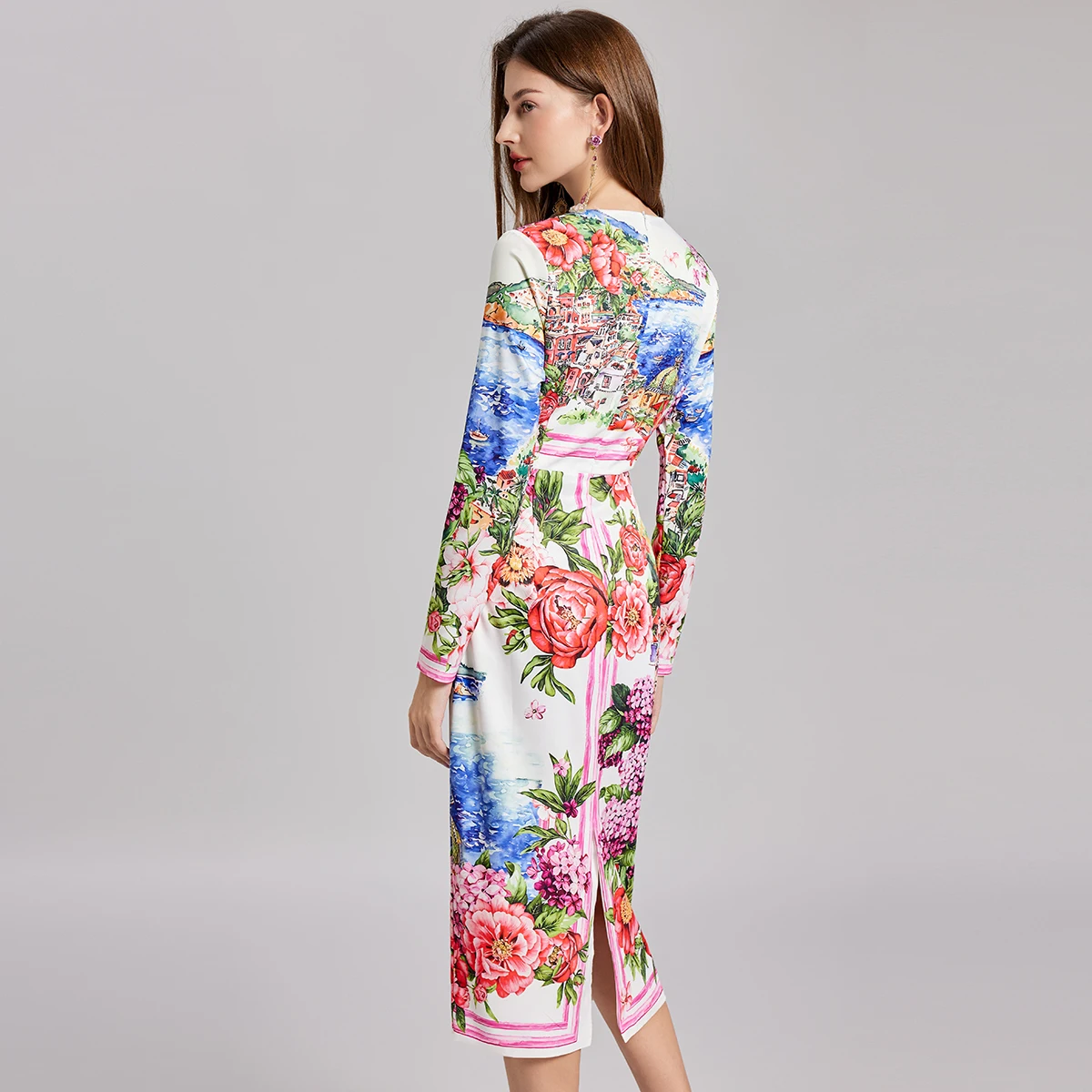 Brand Designer Autumn Long Sleeve Floral Midi Pencil Dress Women Elegant Sheath Bodycon Seaside City Print Flower Party Vestidos