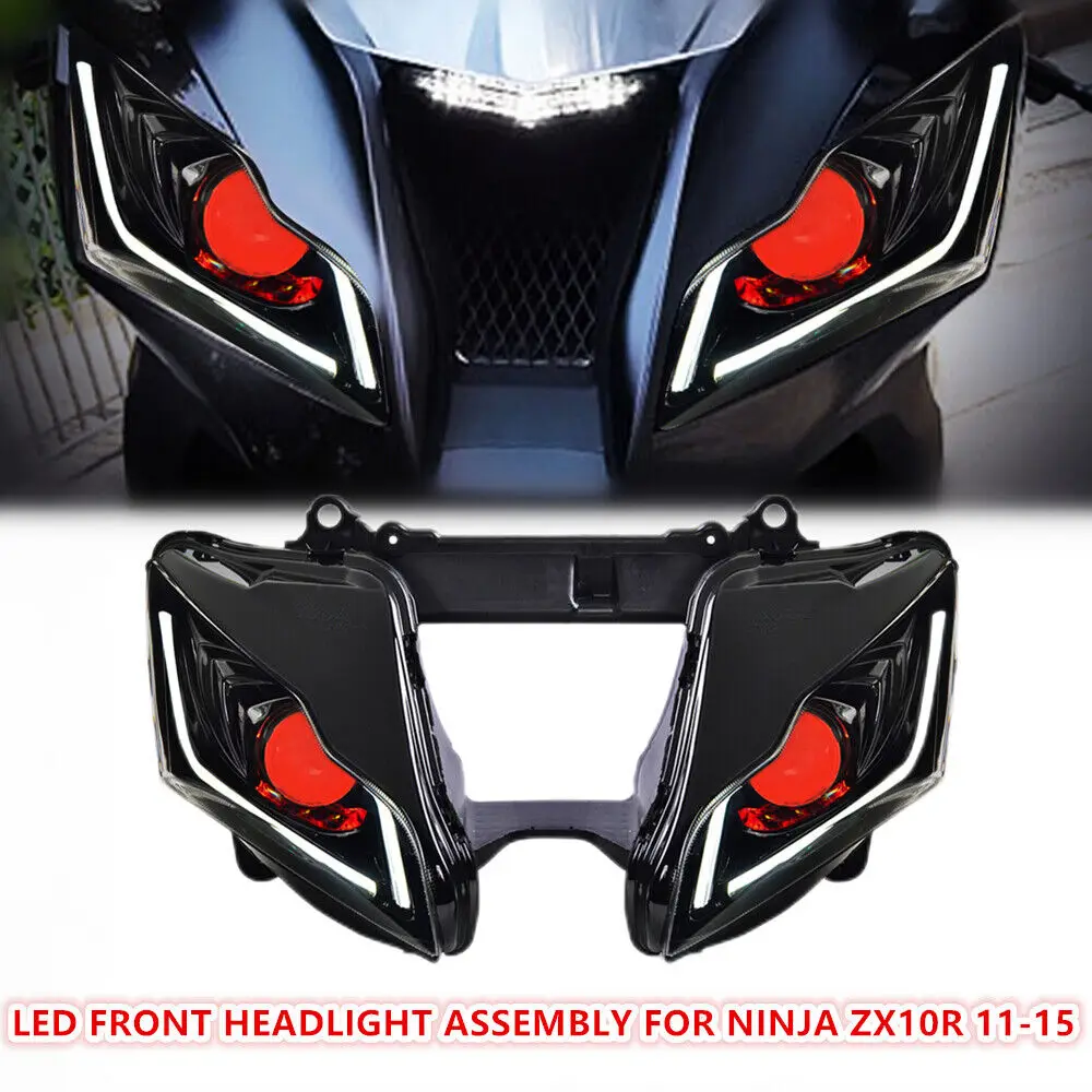 

1X Full LED Front Headlight Assembly For Kawasaki Ninja ZX10R ZX 10R 2011-2015 Optical Fiber Motorcycle DRL Headlamp US STOCK