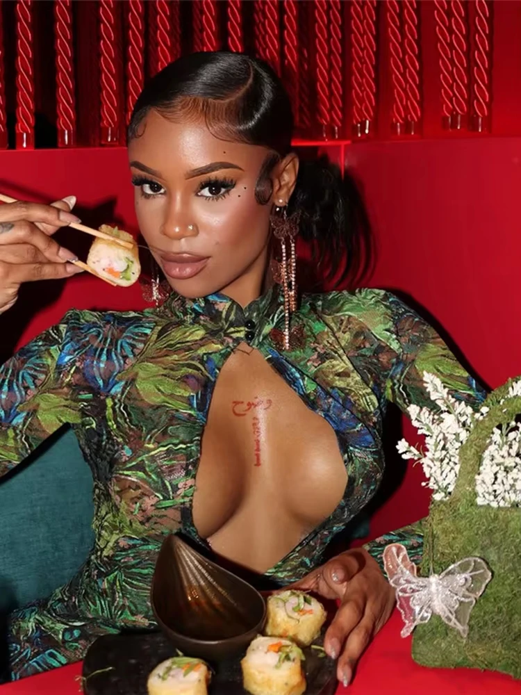 مثير جوفاء شبكة المرقعة فستان طويل المرأة زر الياقة المدورة كم كامل عالية سبليت Bodycon أنيقة فساتين راقية الشارع