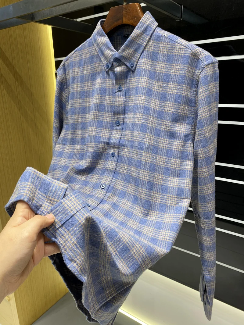 ウェイドコットンチェック柄メンズ快適通気性カジュアルロングスリーブ秋冬新作スタンドフィットボタンアップ