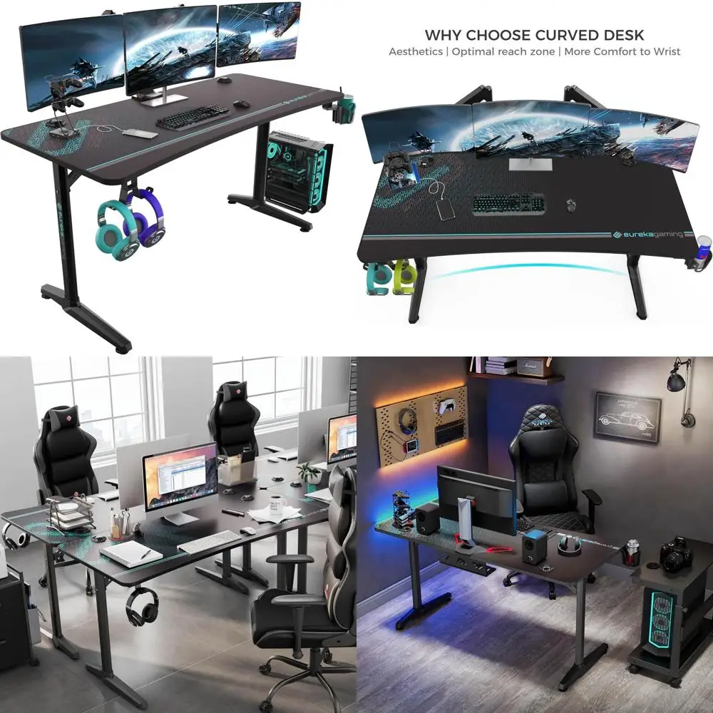 60 Mesa curvada ergonômica com mouse pad, mesa de escritório grande para 3 monitores, suporte para copos incluído