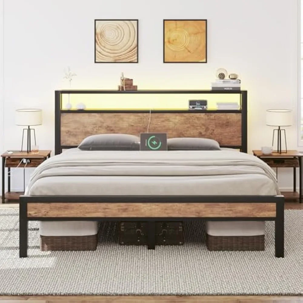 

Queen Size Bed Frame with Charging Station and LED Lights, Metal Platform Bed with 2-Tier Storage Headboard, Noise Free, No Box