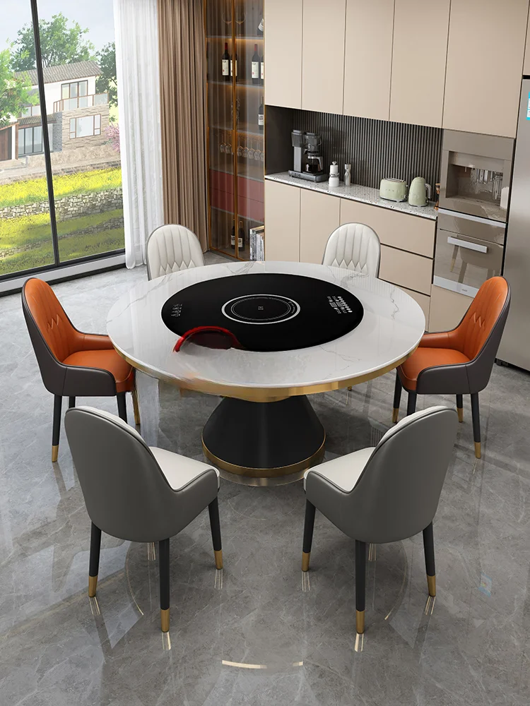 Light luxury rock dining table and chair combination small household round table multifunctional electric turntable induction