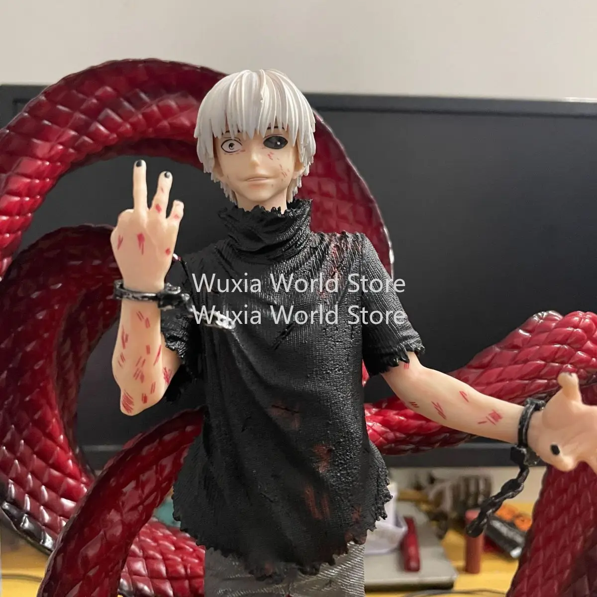 Figurka Kaneki Ken 45 cm Tokyo Ghoul Białe Włosy Dwugłowa Rzeźba Figurka Anime Ozdoba na Biurko Najlepsze Prezenty dla Chłopców