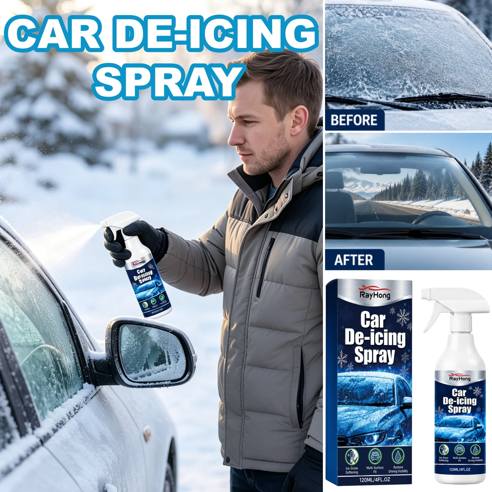 Car De Icing Spray Window Mirror Lock Wiper Blade Winter Visibility Restore Rapid Use Windshield Ice Snow Melter Defroster Agent