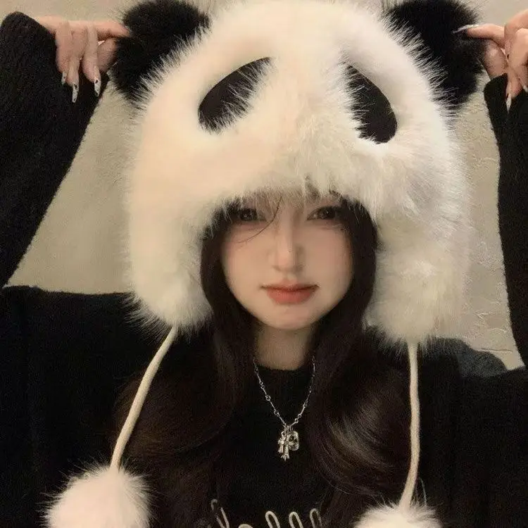 Cartoon Panda Ear Flap Hat, Winter Warm Fuzzy Cute Animal Hat for Women, Fashion Fisherman Hat