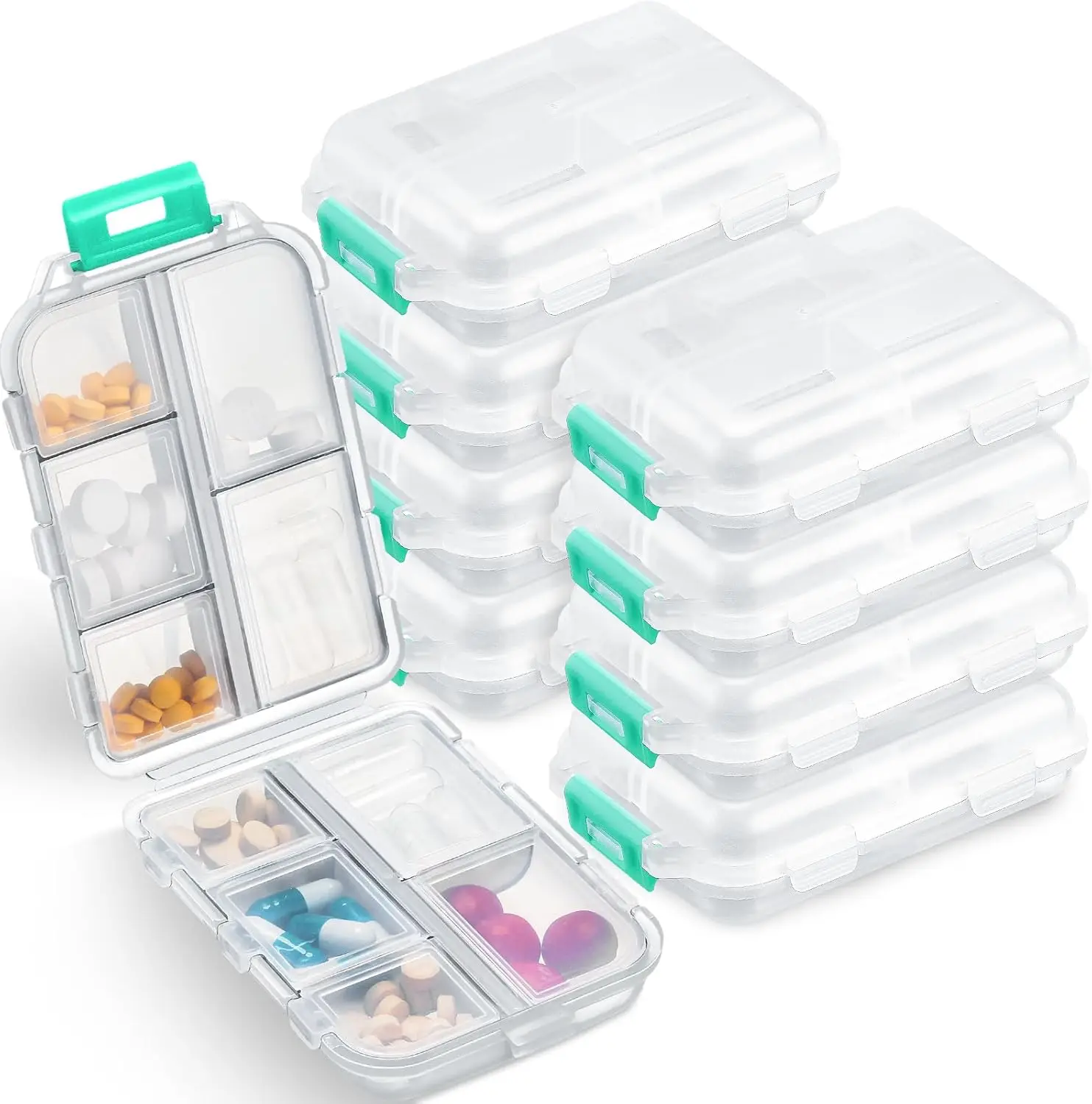 

8 Pcs Travel Pill Organizer with 10 Compartments, Portable Medicine Case for Purse, Clear White