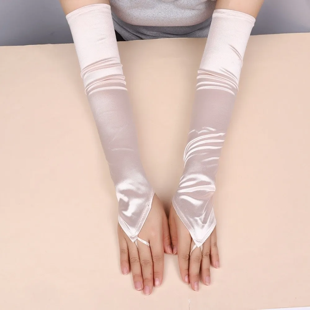 New 49CM Women Gloves Satin Elasticity Hook Finger Gloves Solid Retro Stage Performance Long Fingerless Gloves Wedding Bride