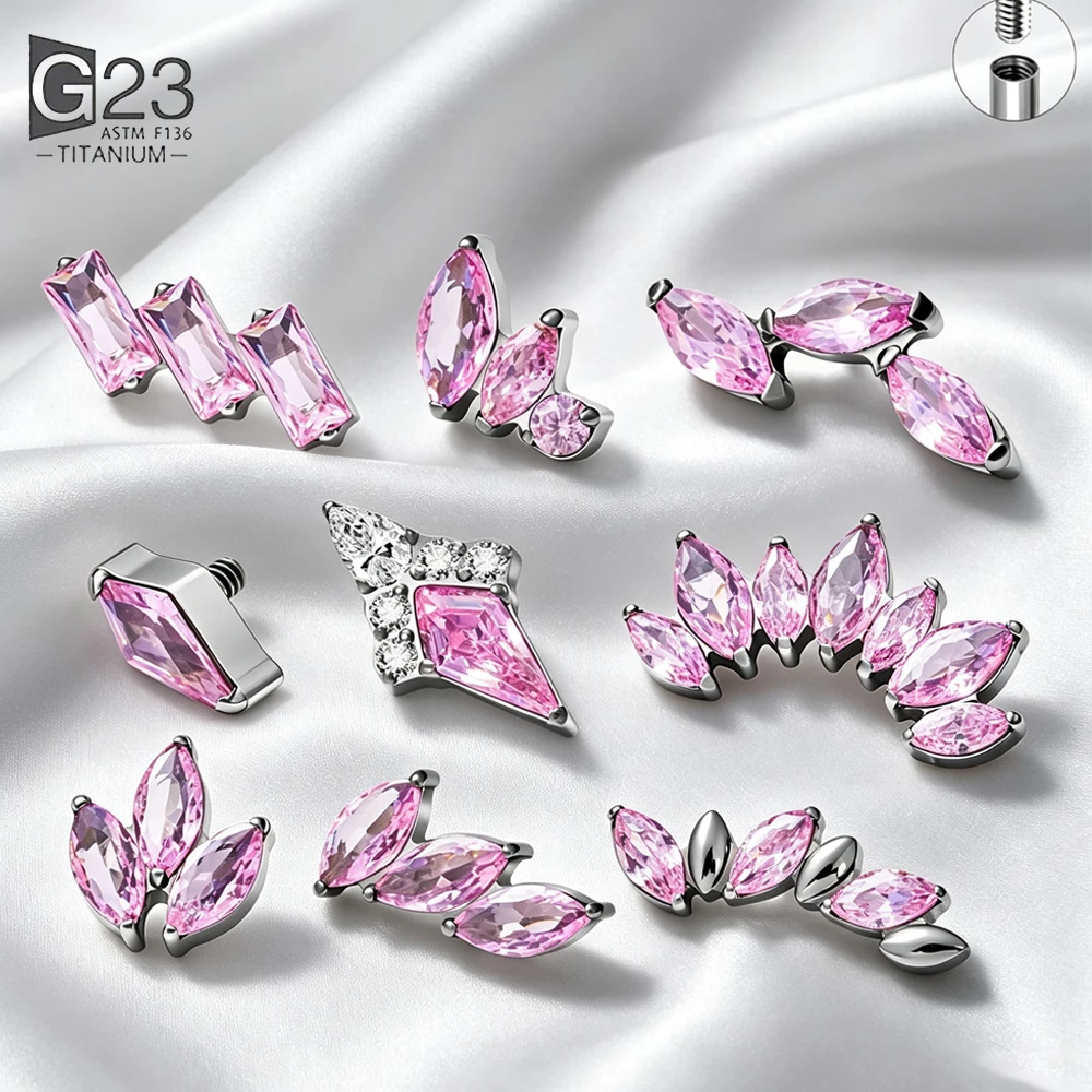 G23 ASTM F136 Titanium Pink Zircon Labret Lip Stud Internal Thread Multi‑Shape Top Cartilage Tragus Body Piercing Jewelry
