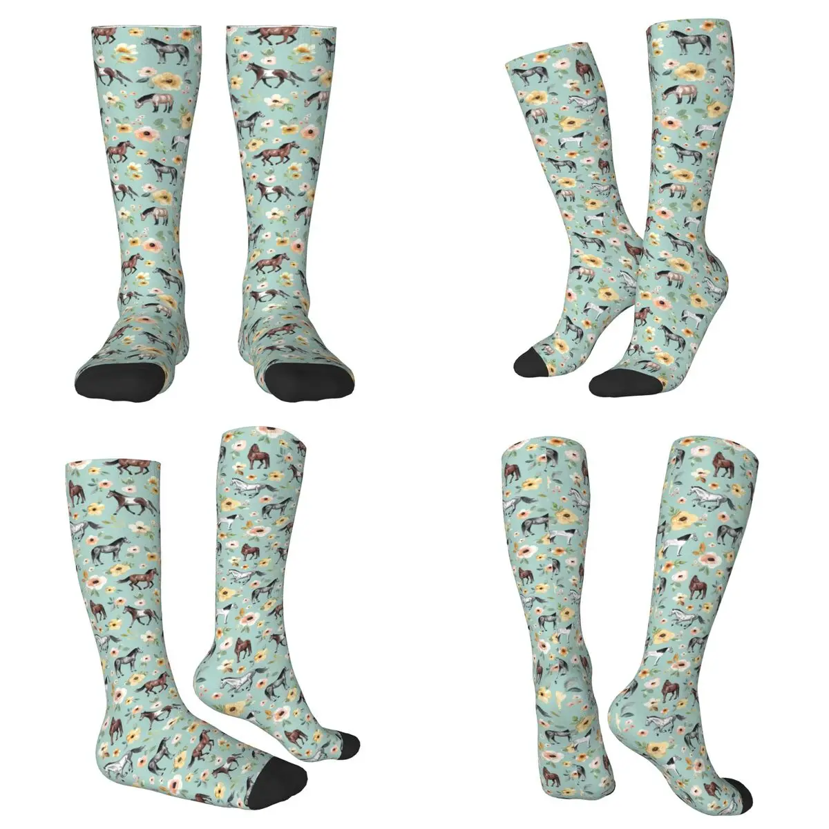 All Seasons Horses With Flowers, Sunrise Floral, Blue, Horse Decor, Socks Harajuku Sport Middle Tube Socks Fashion Stockings