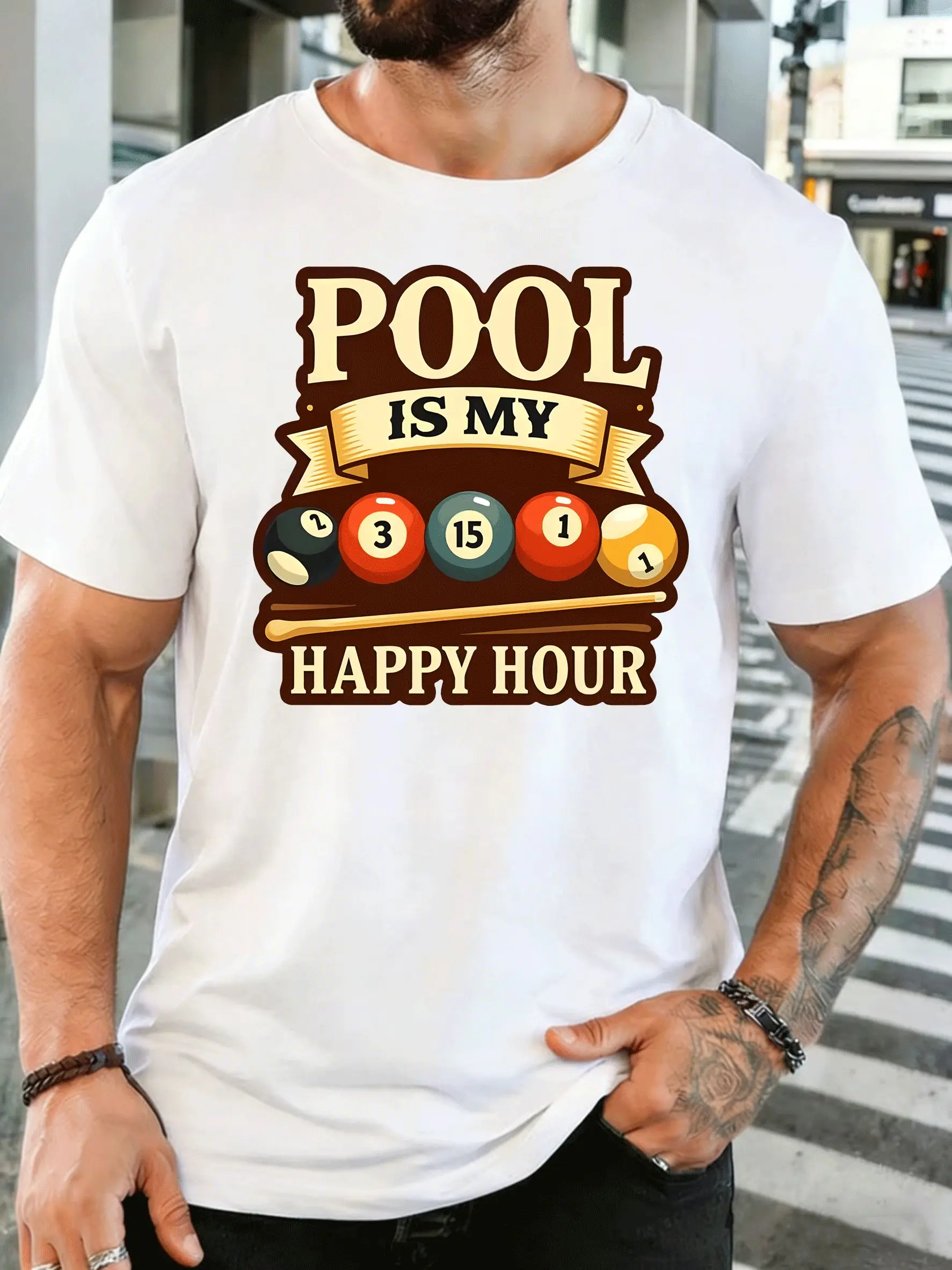 Pool Is My Happy Hour Billiard Balls Mens Front Print T Shirt Retro Pool Player Graphic Tee Casual Short Top Billiard Lover Gift
