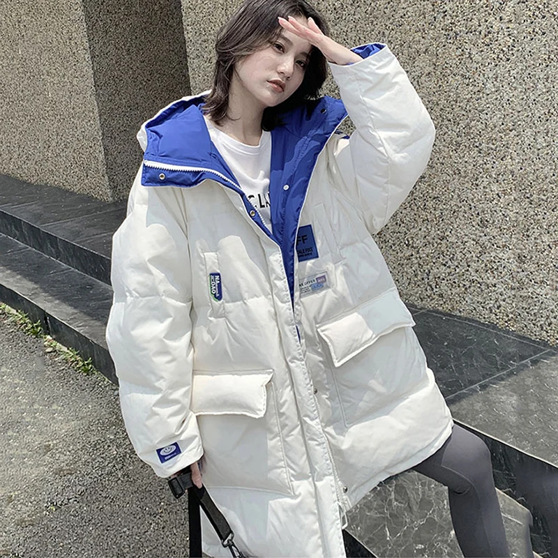 

Women Hooded Jacket 2024 New Winter Parkas Reversible Down Cotton Coat Casual Warm Tops Parka Mid-Length Female Outwear Clothes