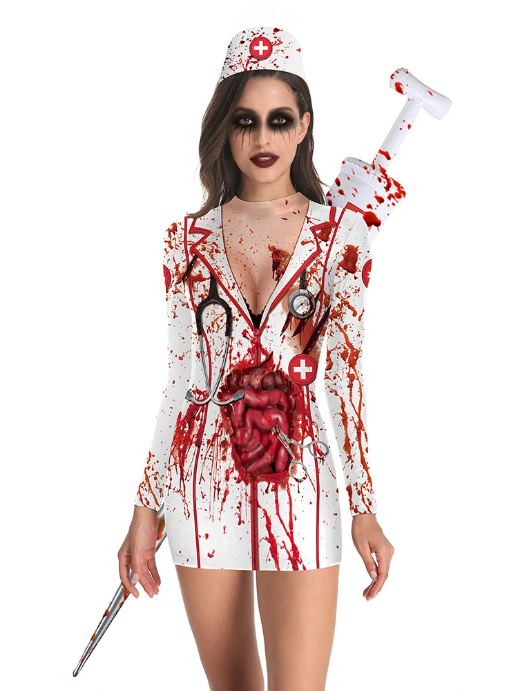 

Scary Halloween Nurse Dress Women Skeleton Gothic Fancy Pumpkin Long-Sleeved Slim Dresses Girl Horror Theme Party Costume