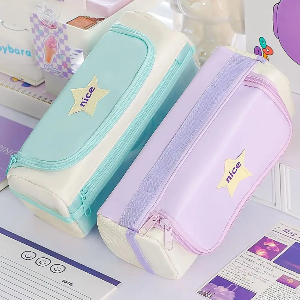 New Star Pattern Pen Bag Zipper Design Large Capacity Pencil Case Handheld Stationery Organizer School Office