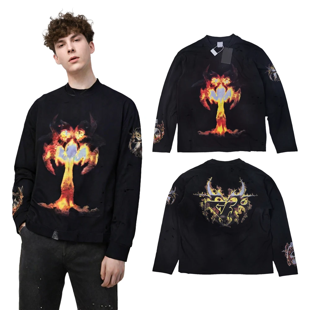 Y2k Streetwear Flame Graphic Full Sleeves T Shirts Vintage Hiphop Street Style Cotton Distressed Casual Daily T Shirts for Men's
