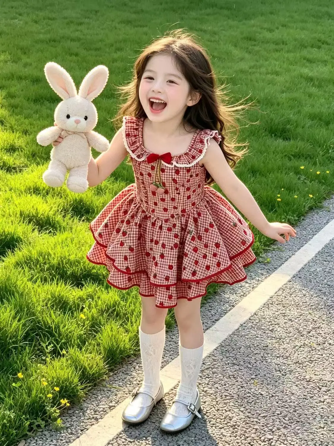 Girls Summer Dress Fashion New Children Sweet Red Plaid Strawberry Ruffle Collar Dress Kids Princess Clothing 2-7Y
