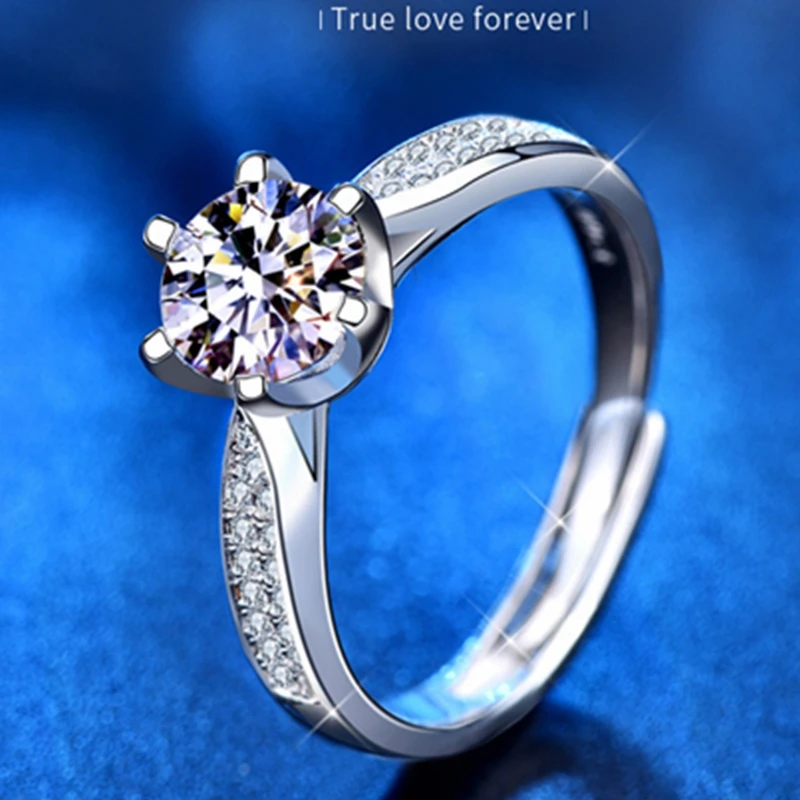 0.5/1.0/2.0Carats D Color Adjustable Moissanite Rings Women 925 Sterling Silver 6 Prong Setting Sparkling Wedding Jewelry Gift