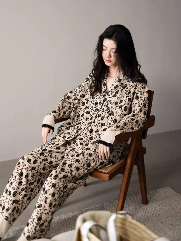 Women's Pajamas Set Elegant Korean Fashion Cardigan Sleepwear Spring and Fall Long-sleeved Long Pants Cotton Leisure Home Wear