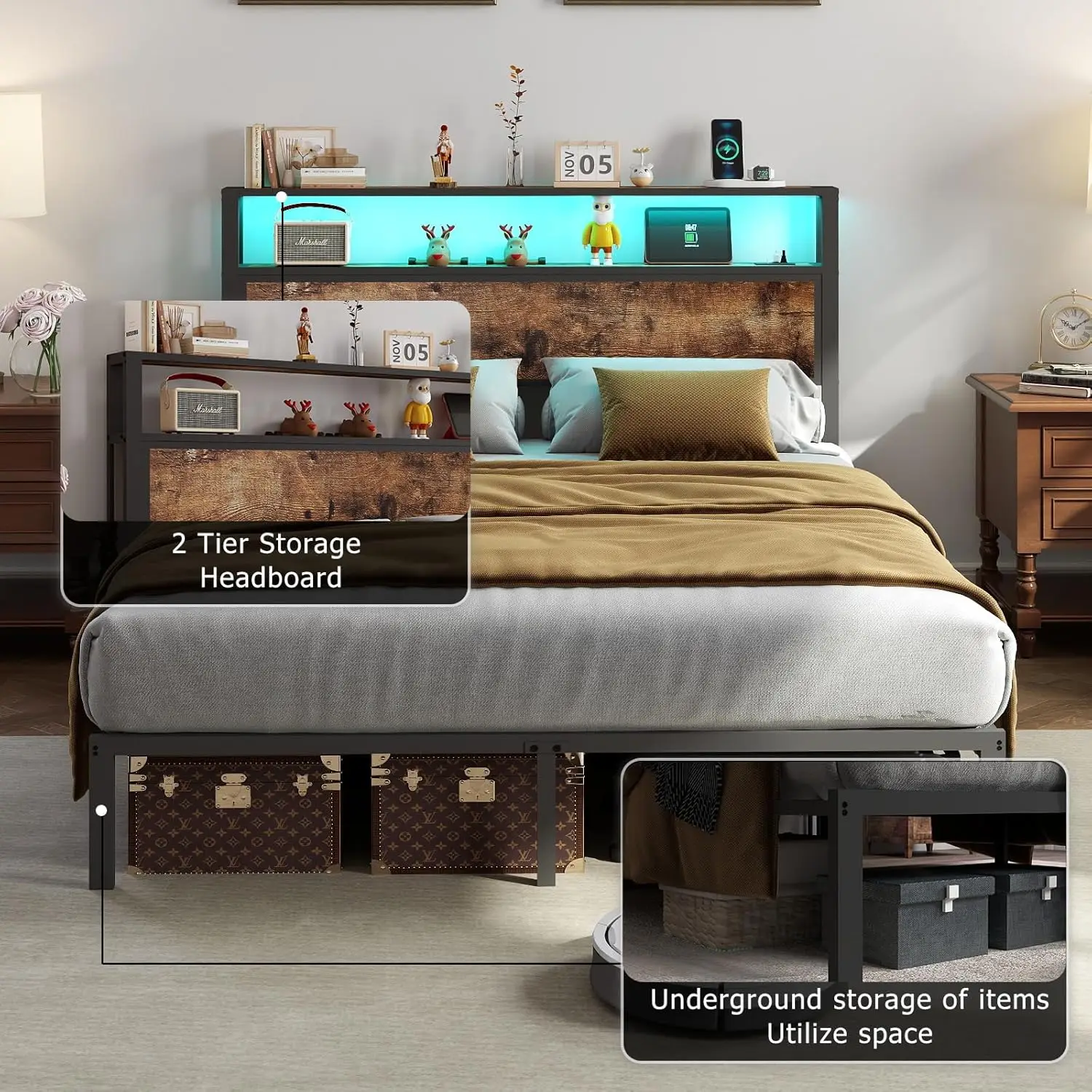 Full Size Bed Frame with Headboard, Metal Platform Bed Frame with LED Lights & Charging Station, Under Bed Storage, Solid and St