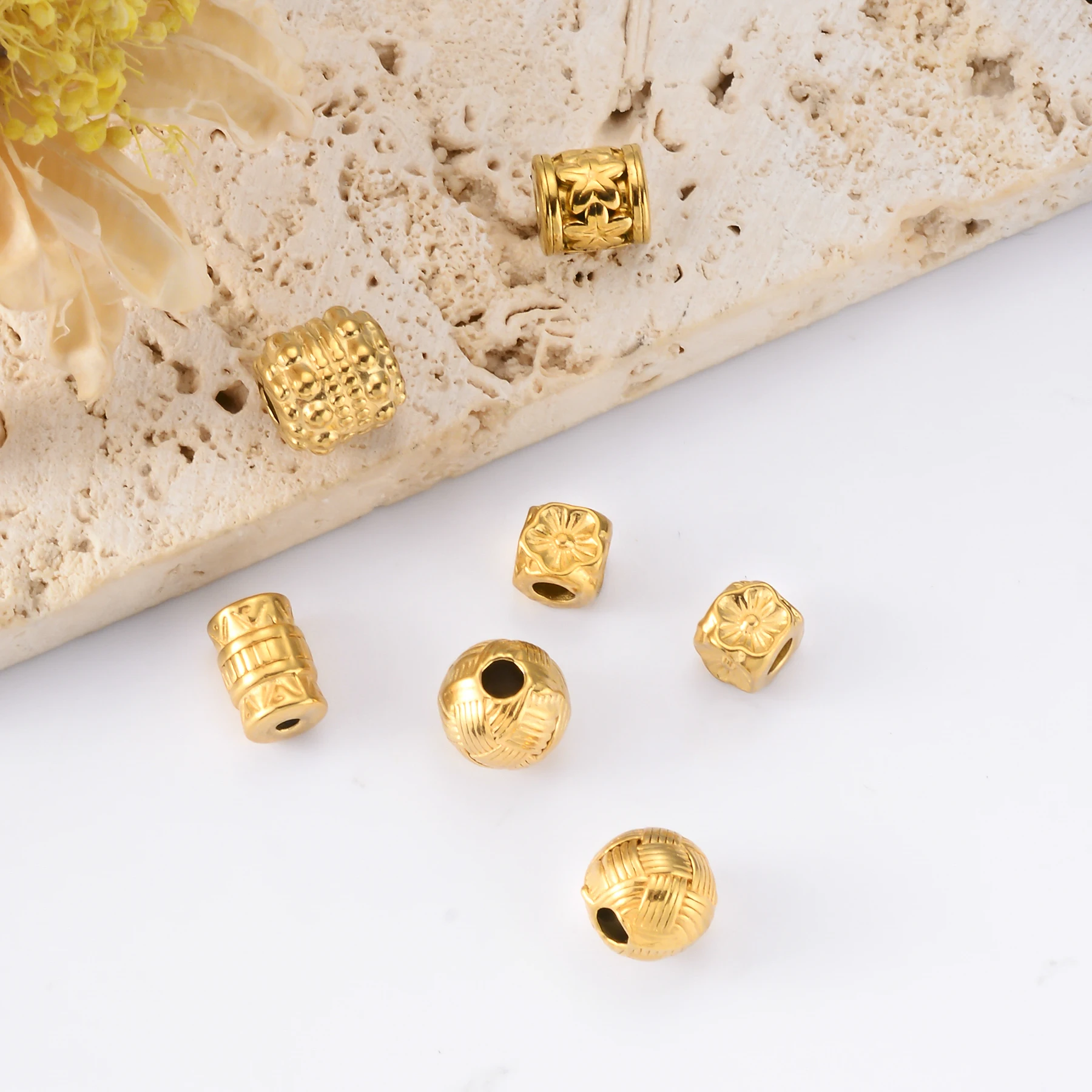 10 buah manik-manik bola bunga tabung silinder berlapis emas untuk buatan tangan membuat gelang kalung logam baja tahan karat Aksesori