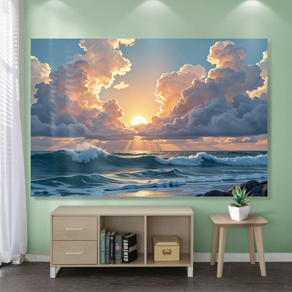 1pc Stunning Blue Ocean Waves Tapestry - Vibrant Sunset Cloud Design, Polyester Party  for Home Decor, Weddings, Birthdays