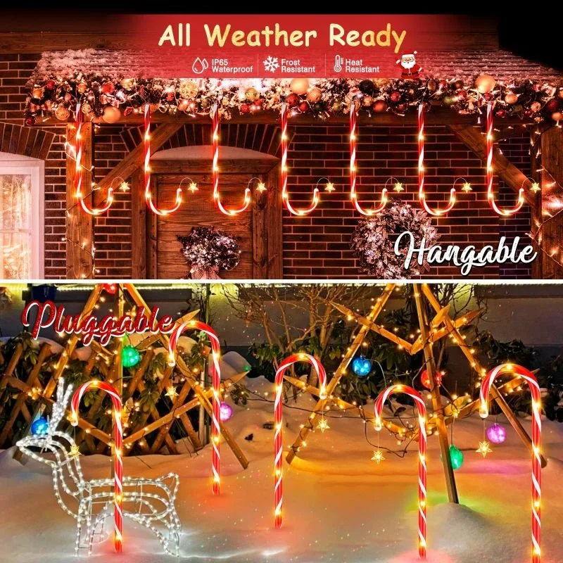 Luces LED solares de bastón de caramelo para Navidad, copos de nieve de estrella, Papá Noel, luz de hadas impermeable, iluminación de vacaciones, 5 en 1, 2 juegos