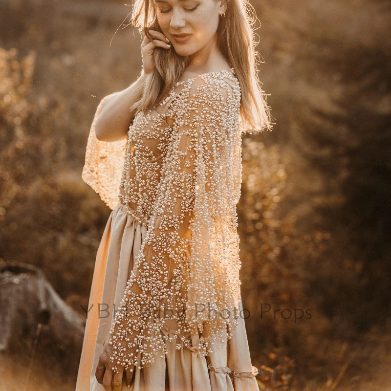 Pregnancy Women's Boho Pearl Lace Two-Pieces Set Photo Shoot Dresses Maternity Session Tulle Maternity Dress Photoshoot Props
