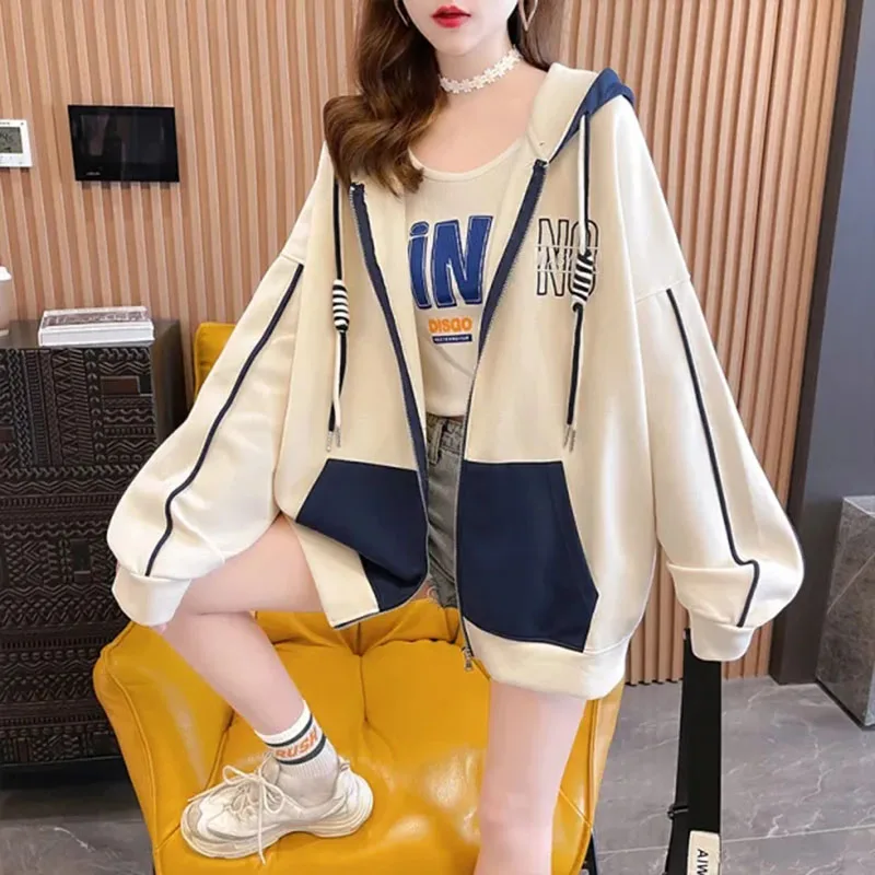 Koreanische Frauen Sweatshirt Patchwork Kapuze Reiß verschluss Brief Langarm Mantel Mode lässig lose Harajuku Jacke weibliche Tops