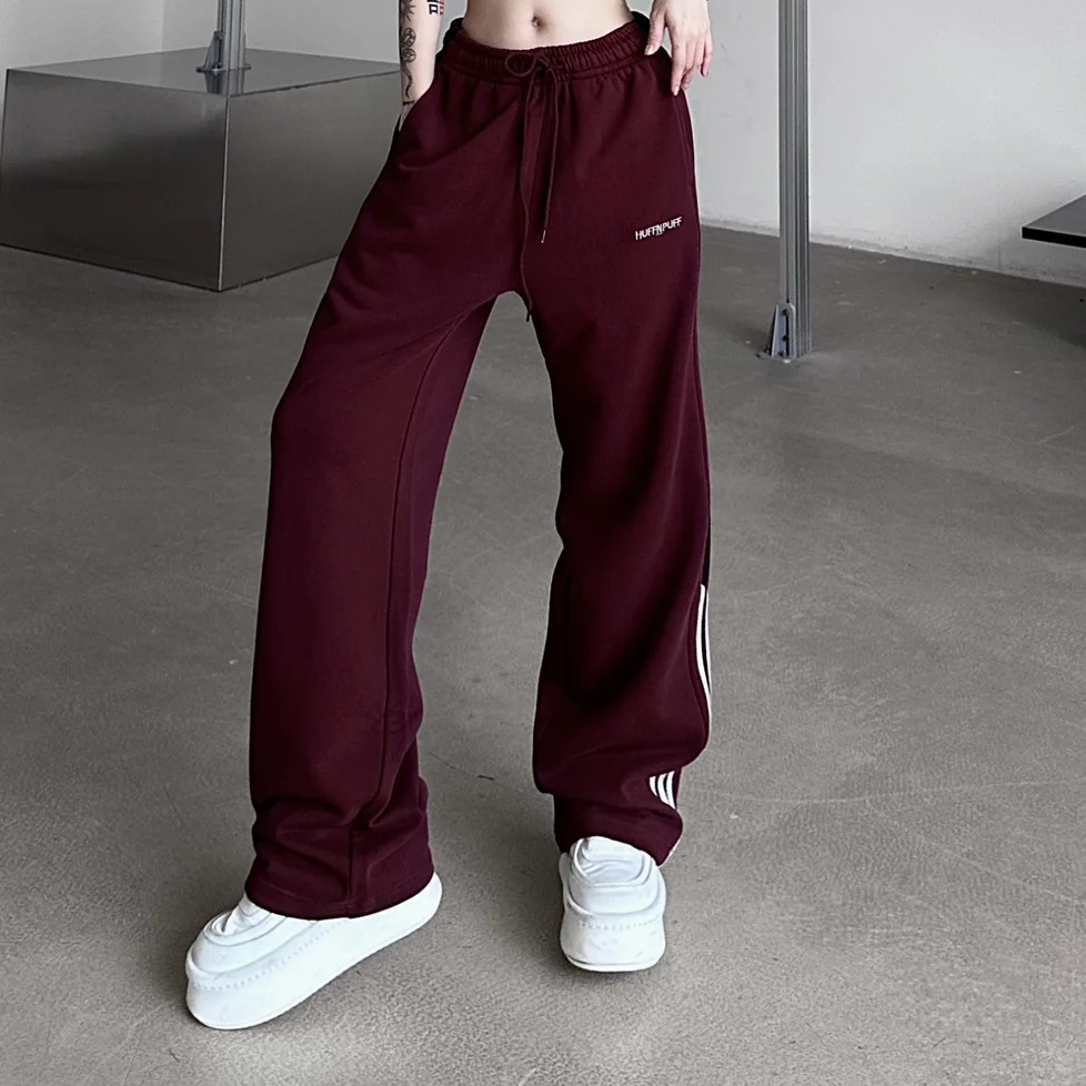 Harajuku donna Oversize vino rosso pantaloni sportivi a righe primavera autunno elastico in vita Hip Hop Streetwear pantaloni sportivi pantaloni