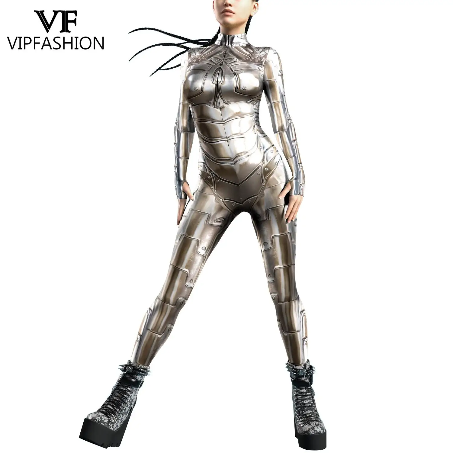 VIP FASHION Punk Cosplay Costume for Women Front Zipper Robot Jumpsuit Female Zentai Suit Carnival Jumpsuit Party Clothes