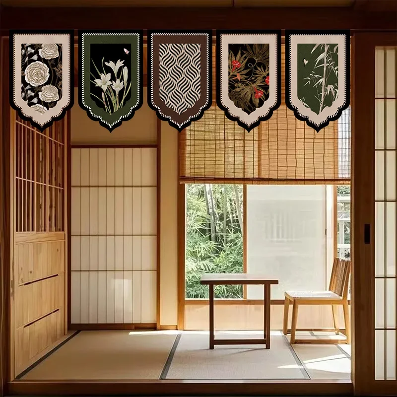 Medieval Style Shield Shape Door Flag Retro Floral Wall Tapestry Kitchen Entrance Partition Short Curtain Home Decor Valance