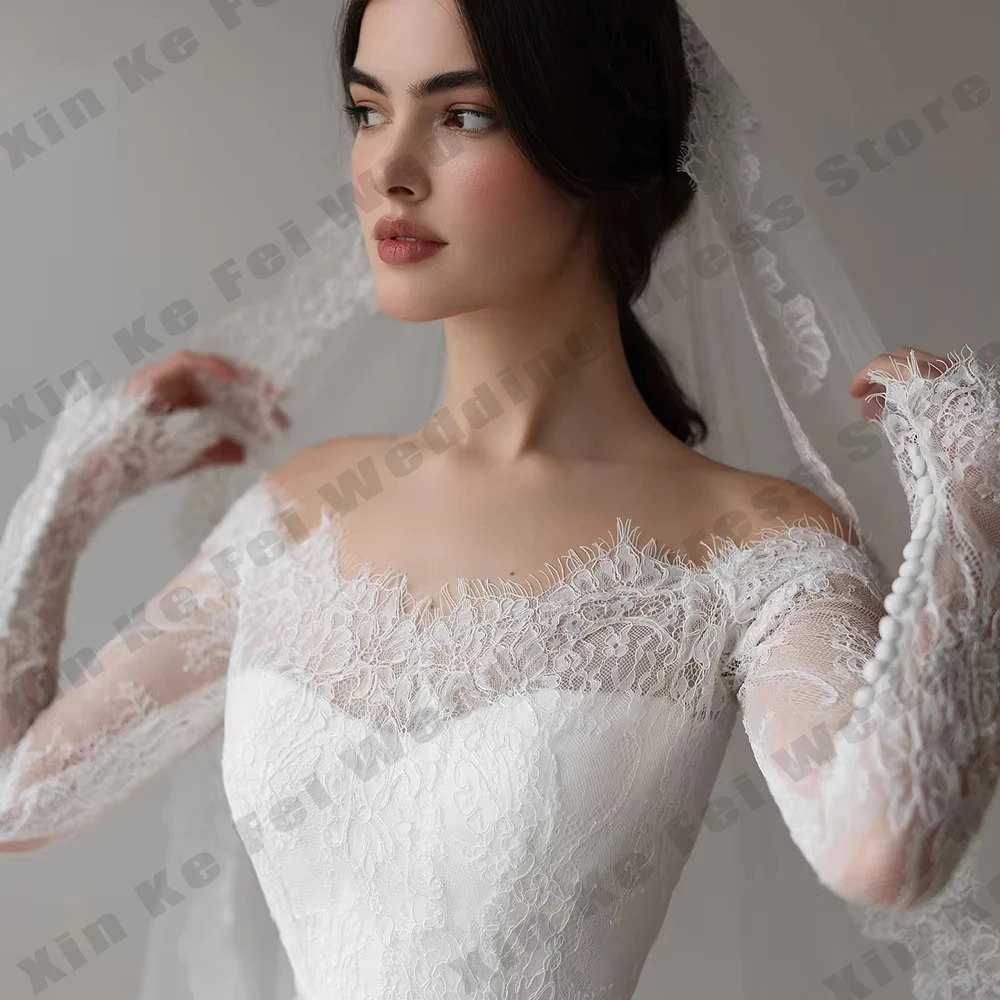 

Vintage Lace Wedding Dresses Off Shoulder Long Sleeve A-line Bridal Gowns Sweetheart Princess Prom Bride Dress Customized Robe