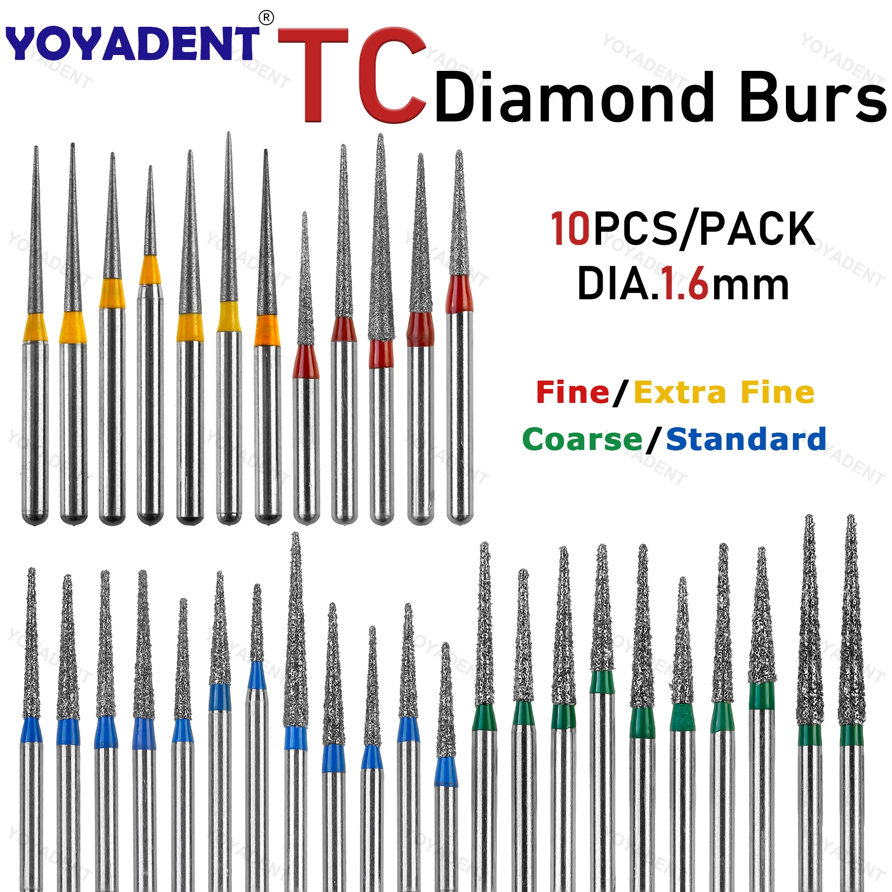 

Dental Diamond Burs TC Type Dia.1.6mm 10pcs/Pack Standard/Coarse/Fine/Extra Fine For High Speed Handpiece Dental Products