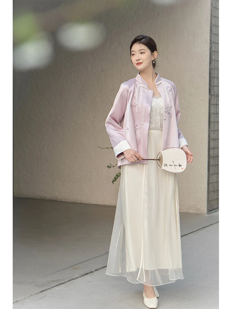 

Ele Pink Purple Embroidered Thin Outerwear Stand Collar Button up Chinese Sle Women's irt Gentle Spring Faion