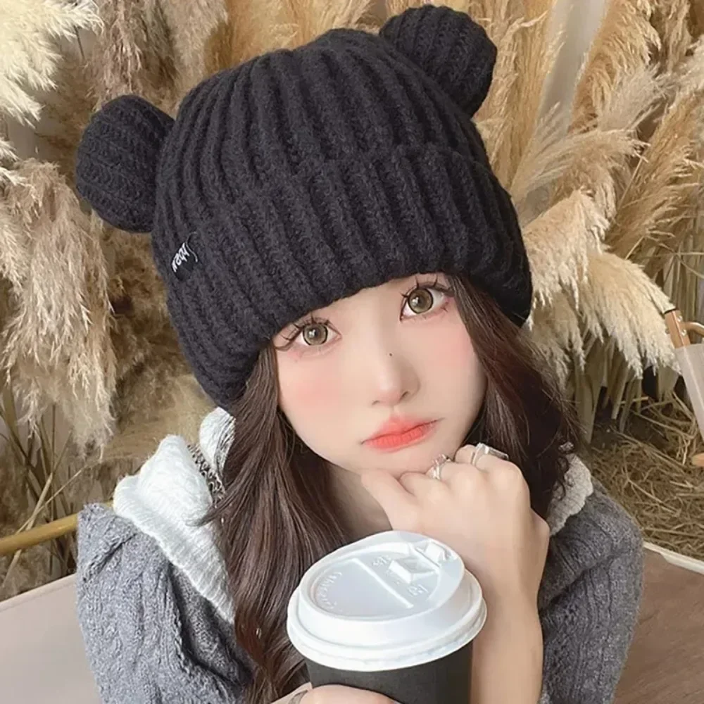 Women Kawaii Cat Ears Soft Thick Knitted Warm Hats Outdoor Winter Warm Pullover Beanies Knit Female Cute Caps Accessories