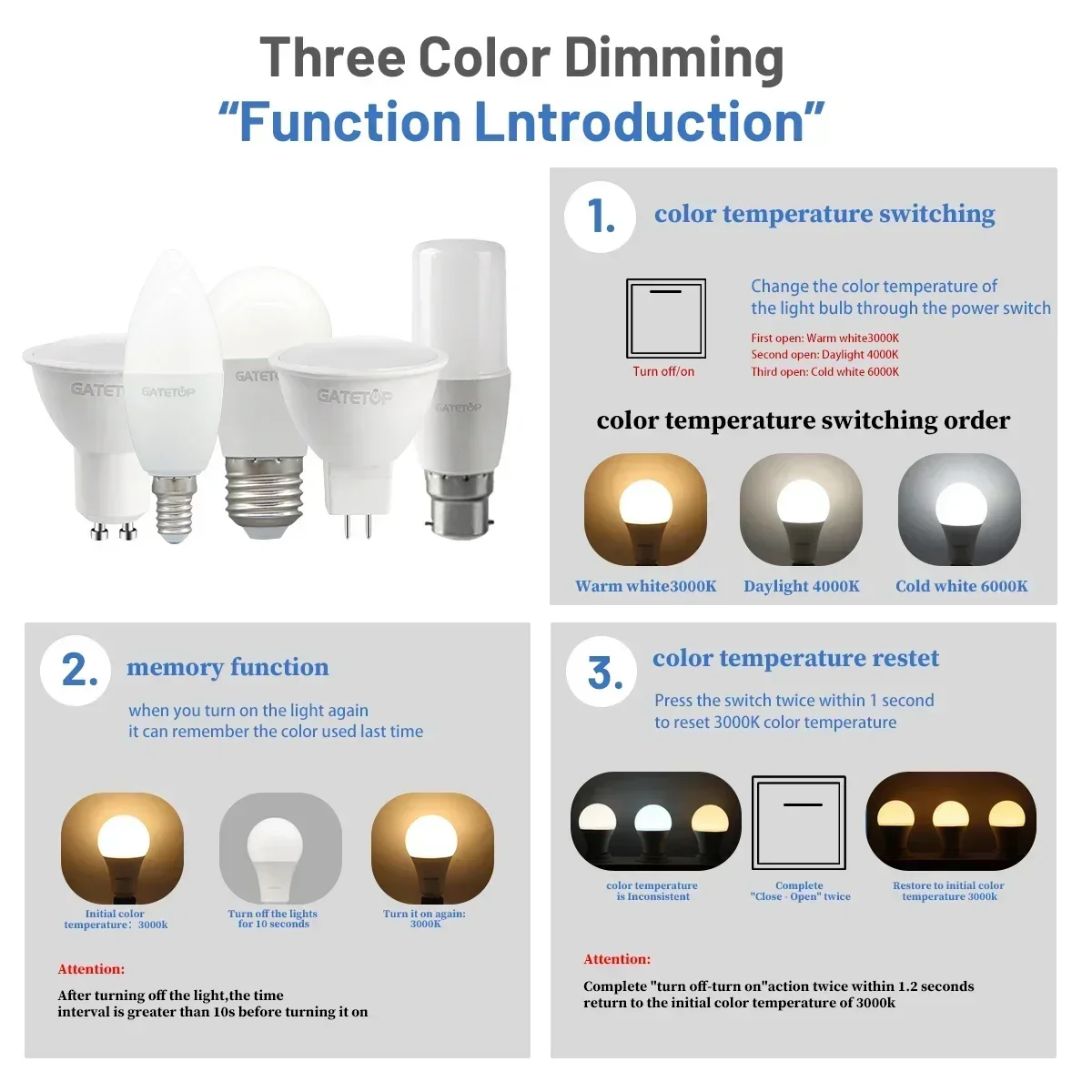 5pcs Wall Switch CCT LED Light Bulb GU10 Spot 3Color 3000K 4000K 6000K E27 B22 GU5.3 Base AC110V 220V Memory Function Color