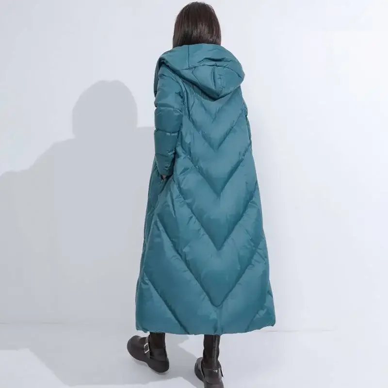 سترة بيضاء مبطنة للنساء سترات شتوية بقلنسوة أنماط طويلة واحدة الصدر معطف مقاوم للرياح ملابس ثلج فضفاضة غير رسمية ملابس خارجية