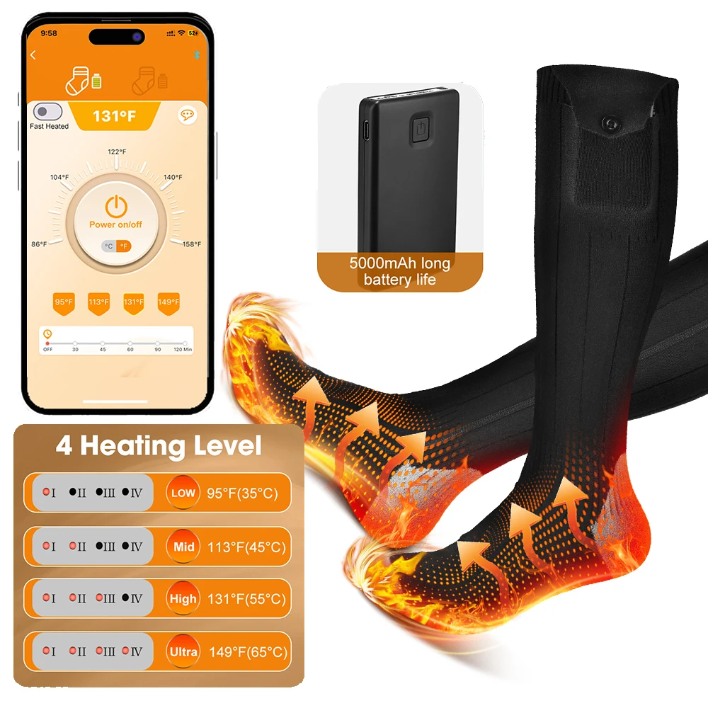 

5000mAh Battery Electric Heating Socks APP Remote Control Winter Outdoor Foot Warmer Men Women Sports Hiking Skiing Thermal Sock