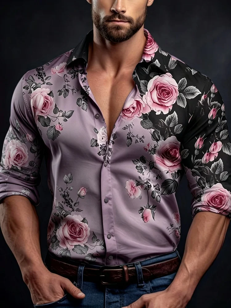Men's Contrasting Rose Print Long Sleeved Shirt with Slim Fit Collar Shirt for Vacation Parties and Street Fashion tops