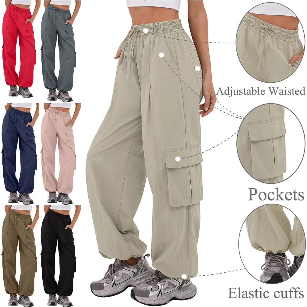 Lässige Damenhose im Cargo-Stil, elastische Taille, bequeme Outdoor-Sport-Wanderhose mit Taschen, leichte, gut sitzende Hose